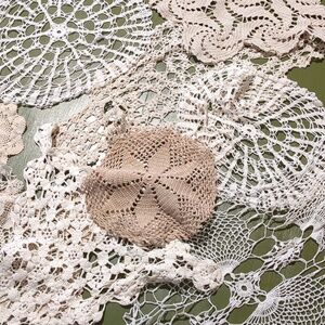 9pc Vintage Lot of Crocheted Doilies & Pieces Cream, Beige, White